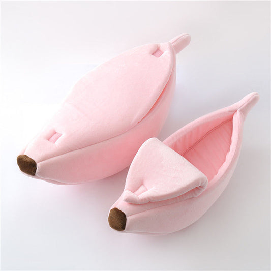 Pink Cozy Banana Peel Pet Bed - Plush & Warm Cave House for Cats & Small Dogs (Large)