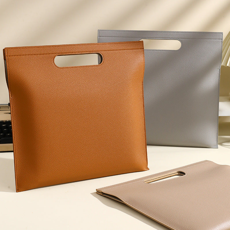 Light Green Professional A4 PU Leather Document Bag - Waterproof Handheld File Folder Portfolio for Business & Conference