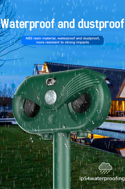 Green Advanced Solar Powered Ultrasonic Animal Repeller - Outdoor Pest Deterrent with Motion Sensor, Strobe Light & Laser