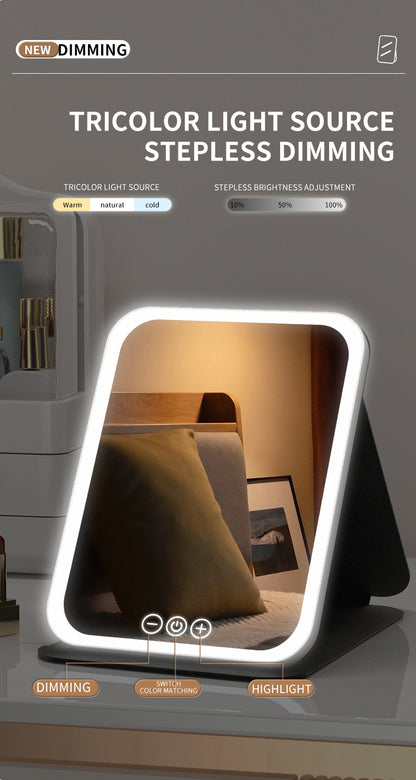 Black Large Foldable LED Makeup Mirror - Portable Desktop Vanity with 3 Color Lights, Stepless Dimming & Adjustable Stand