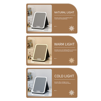 White Large Foldable LED Makeup Mirror - Portable Desktop Vanity with 3 Color Lights, Stepless Dimming & Adjustable Stand