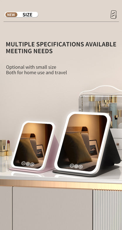 Pink Large Foldable LED Makeup Mirror - Portable Desktop Vanity with 3 Color Lights, Stepless Dimming & Adjustable Stand
