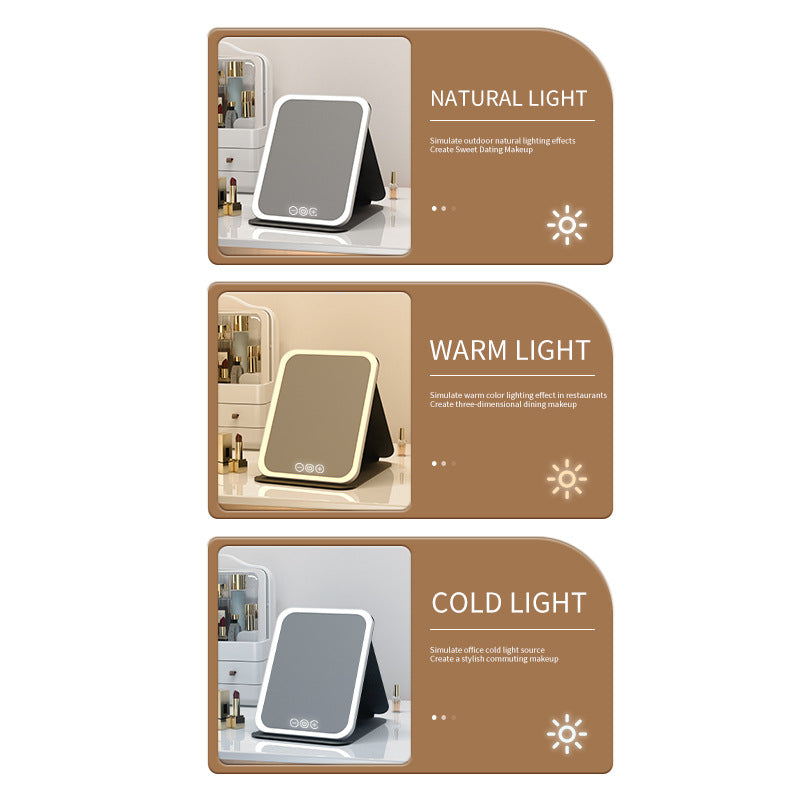 Pink Small Foldable LED Makeup Mirror - Portable Desktop Vanity with 3 Color Lights, Stepless Dimming & Adjustable Stand