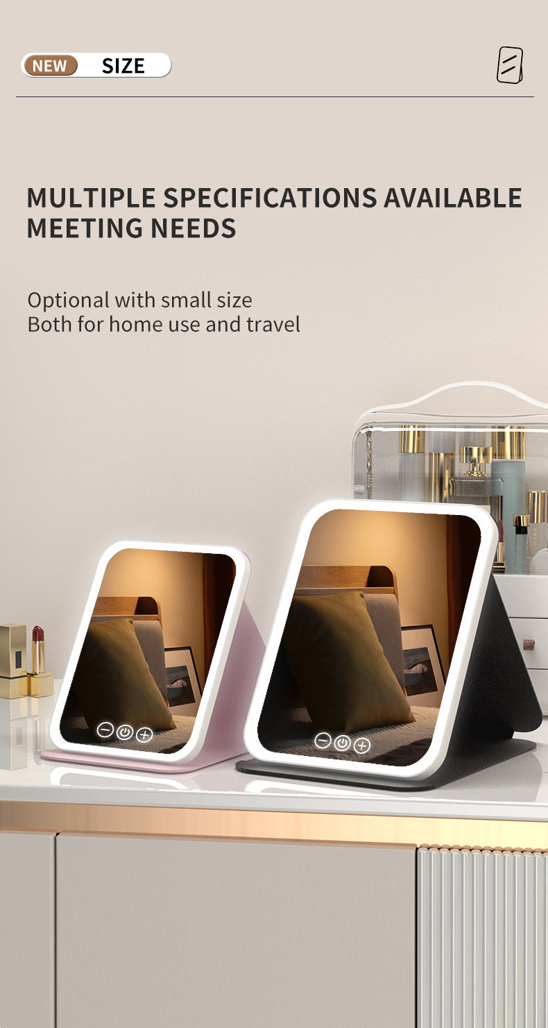 Pink Small Foldable LED Makeup Mirror - Portable Desktop Vanity with 3 Color Lights, Stepless Dimming & Adjustable Stand