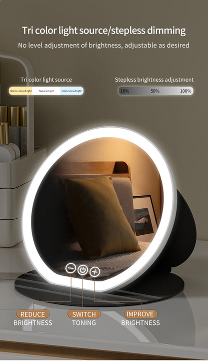 Pink Small Round Foldable LED Makeup Mirror - 18.5cm Desktop Vanity with 3 Color Lights & Stepless Dimming