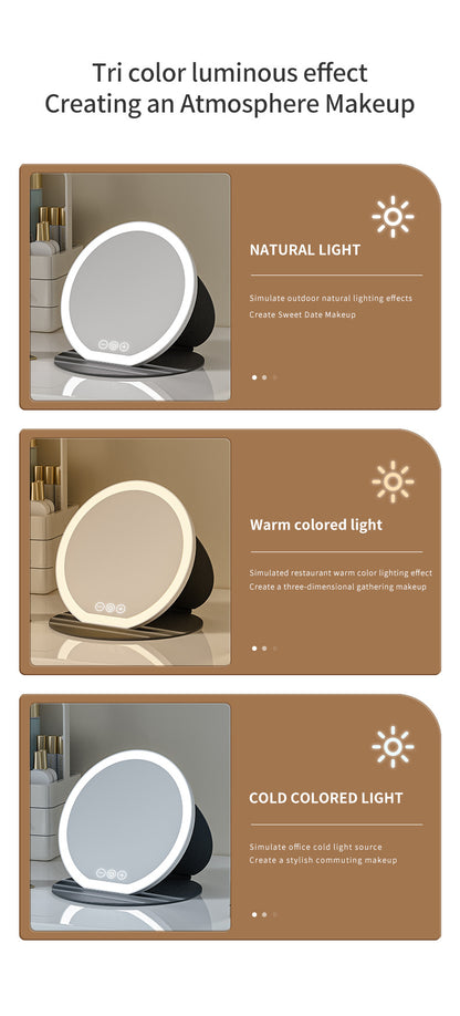 Pink Small Round Foldable LED Makeup Mirror - 18.5cm Desktop Vanity with 3 Color Lights & Stepless Dimming