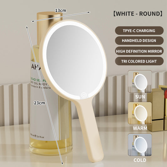 Light Yellow Round Portable Handheld LED Makeup Mirror - USB-C Rechargeable with 3 Color Light Modes for On-The-Go Touch-Ups