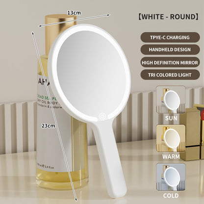 White Round Portable Handheld LED Makeup Mirror - USB-C Rechargeable with 3 Color Light Modes for On-The-Go Touch-Ups