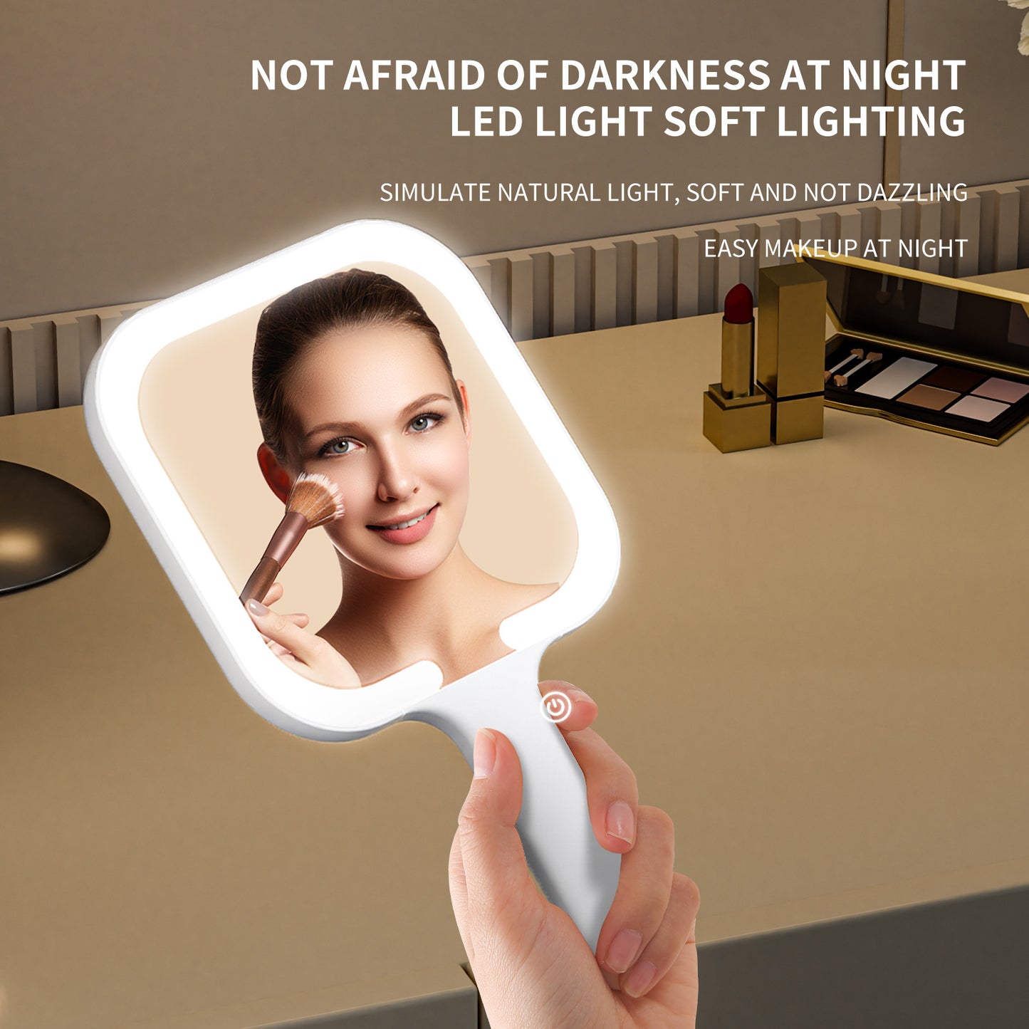 White Round Portable Handheld LED Makeup Mirror - USB-C Rechargeable with 3 Color Light Modes for On-The-Go Touch-Ups