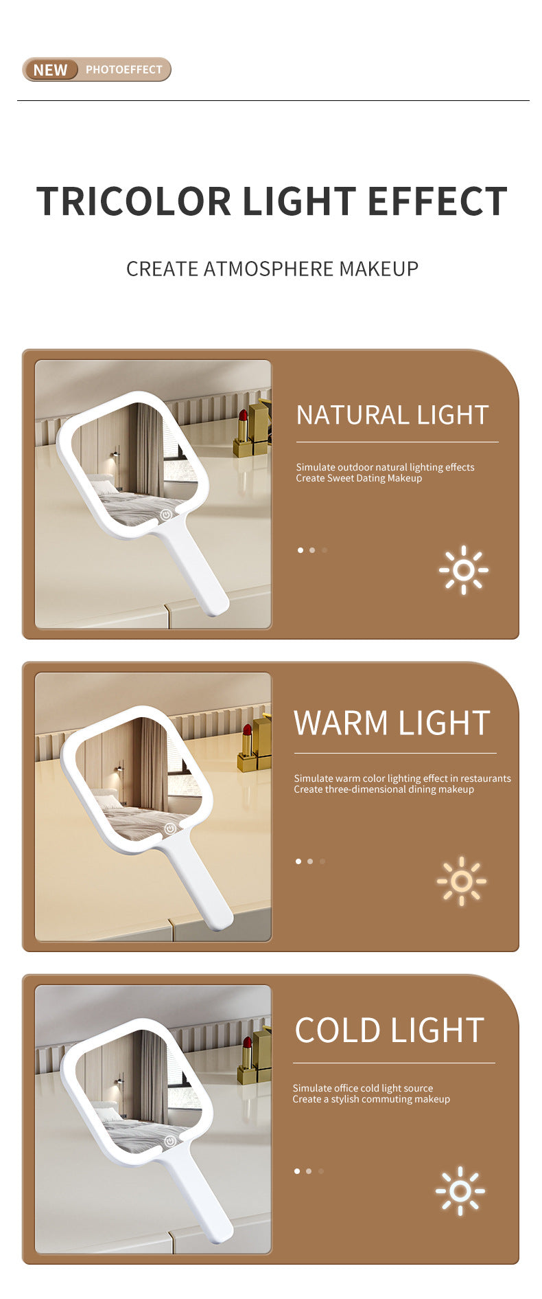 White Round Portable Handheld LED Makeup Mirror - USB-C Rechargeable with 3 Color Light Modes for On-The-Go Touch-Ups