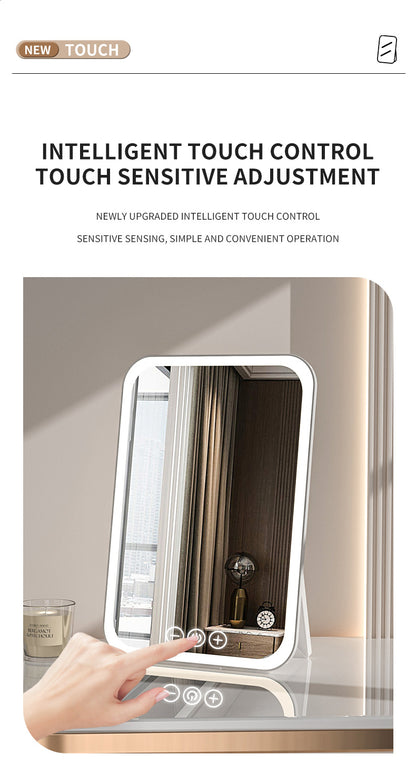 White Professional LED Vanity Mirror - 3 Color Lights, Stepless Dimming & Adjustable Rotating Stand, USB-C Rechargeable