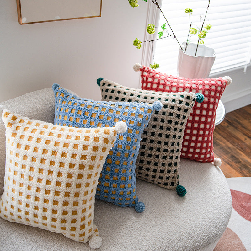 Beige and Yellow 3D Checkered Cushion Cover with Pom Poms - Soft Decorative Pillow Case for Sofa & Living Room (45x45cm, Cover Only)