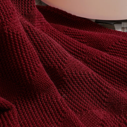 Claret Red Cozy Lightweight Acrylic Knit Throw Blanket - Diamond Waffle Texture for Sofa, Bed & Travel