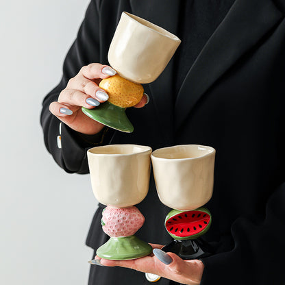 Red Whimsical Strawberry Stem Ceramic Goblet - 150ml Hand-Painted Strawberry Design, Unique Coffee & Drinkware Gift with Box