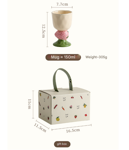 Red Whimsical Strawberry Stem Ceramic Goblet - 150ml Hand-Painted Strawberry Design, Unique Coffee & Drinkware Gift with Box