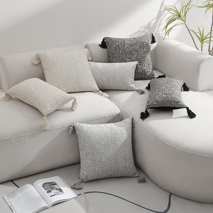 Beige Chic Geometric Jacquard Cushion Covers with Tassels - Set of 2, Plush Blend for Sofa & Bed Decor (45x45cm, Insert Not Included)