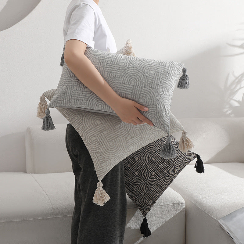 Grey Chic Geometric Jacquard Cushion Covers with Tassels - Set of 2, Plush Blend for Sofa & Bed Decor (45x45cm, Insert Not Included)