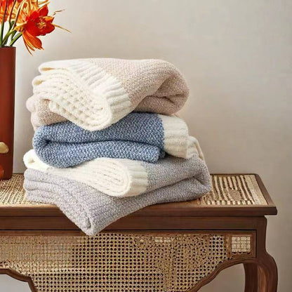 Beige and White Plush Chenille-Knit Throw Blanket - Soft Cozy Polyester for Bed & Sofa | Textured Two-Tone Design (127x153cm)