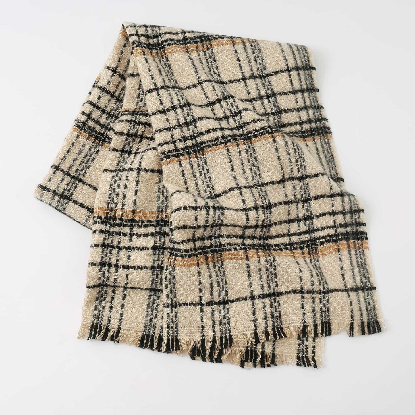 Coffee Chic Plaid Winter Scarf - Large Soft Polyester Shawl Wrap with Tassels, Korean Inspired Fashion