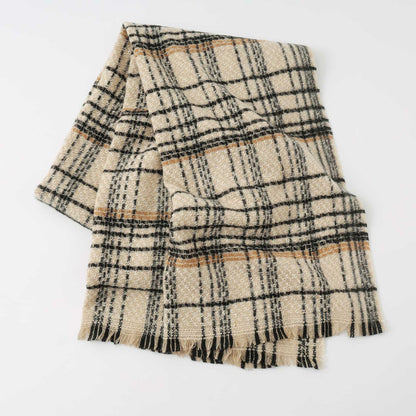 Coffee Chic Plaid Winter Scarf - Large Soft Polyester Shawl Wrap with Tassels, Korean Inspired Fashion