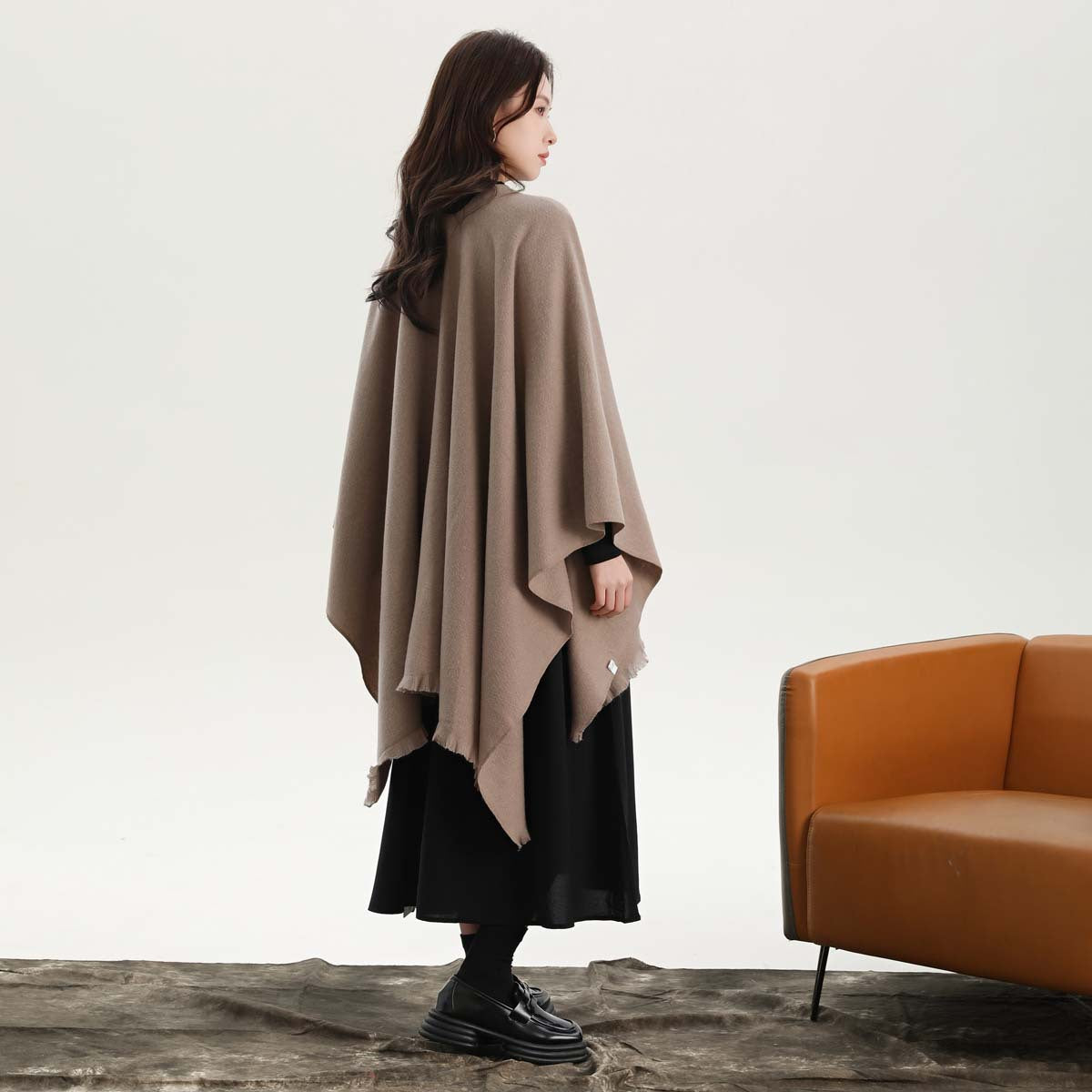 Khaki Elegant Soft Knit Poncho Cape - Warm Autumn Winter Shawl Wrap with Side Tie, Thick & Luxurious Feel