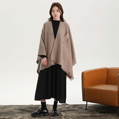 Grey Elegant Soft Knit Poncho Cape - Warm Autumn Winter Shawl Wrap with Side Tie, Thick & Luxurious Feel