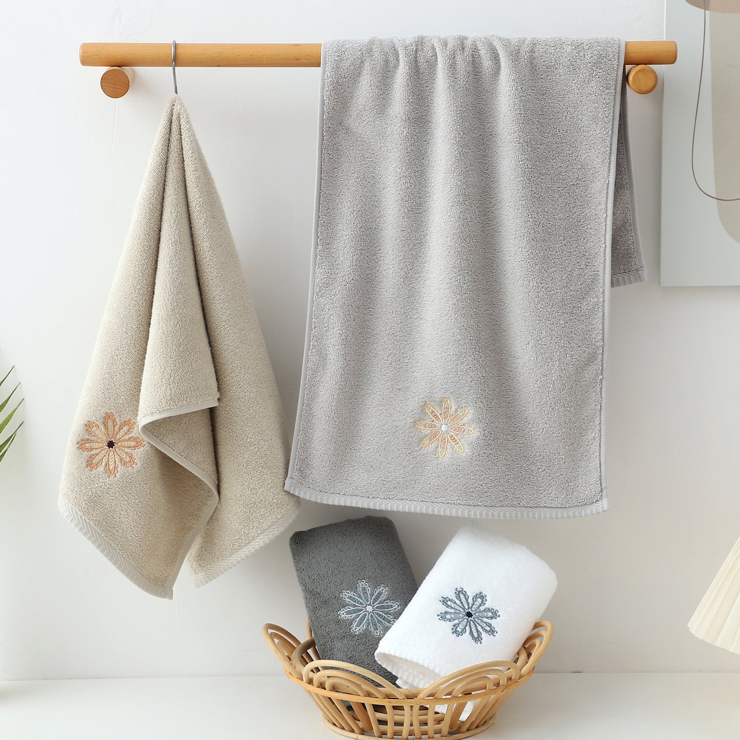White 4-Pack Elegant Green Floral Embroidered Cotton Hand Towels - Ultra Soft & Absorbent
