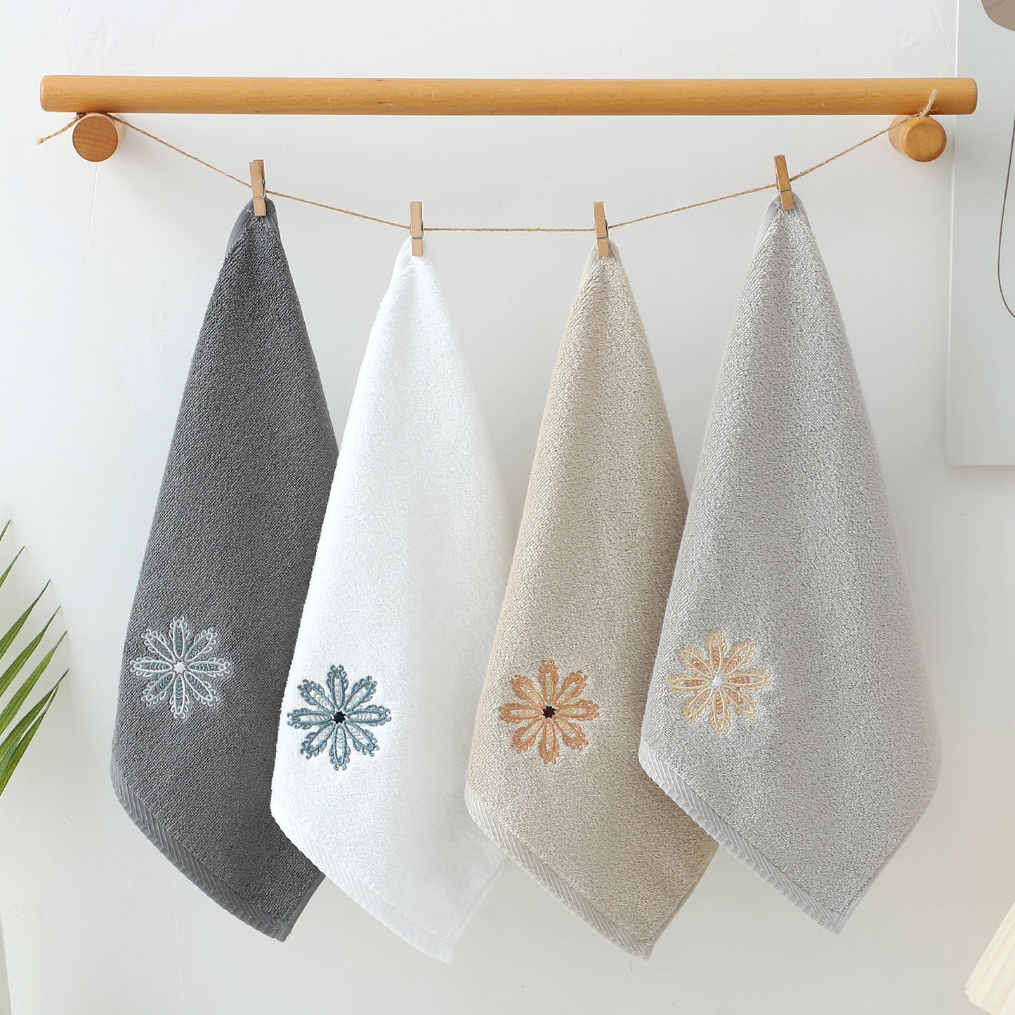 Beige 4-Pack Elegant Orange Floral Embroidered Cotton Hand Towels - Ultra Soft & Absorbent