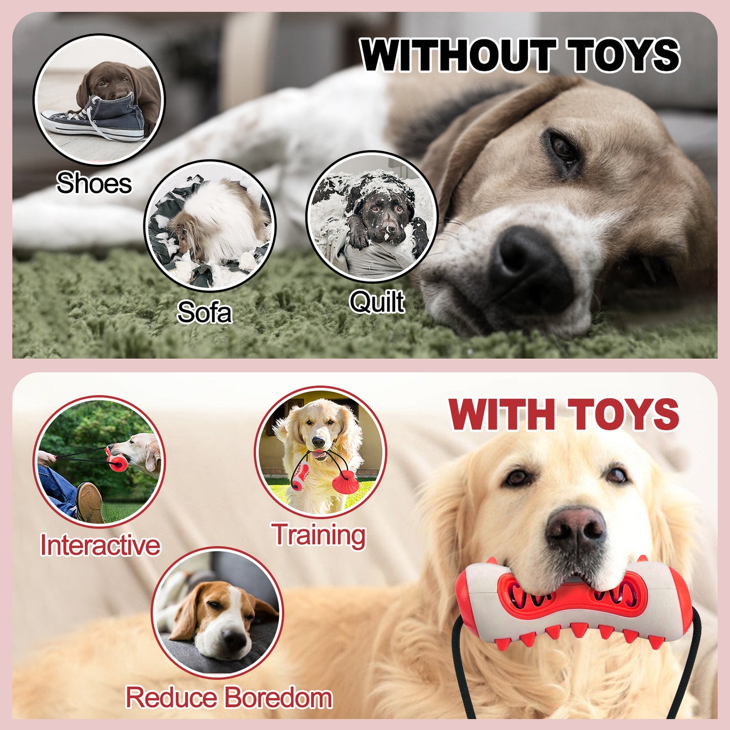 Red Interactive Dog Suction Cup Tug Toy - Durable TPR Chew & Treat Dispenser for Teeth Cleaning & Solo Play