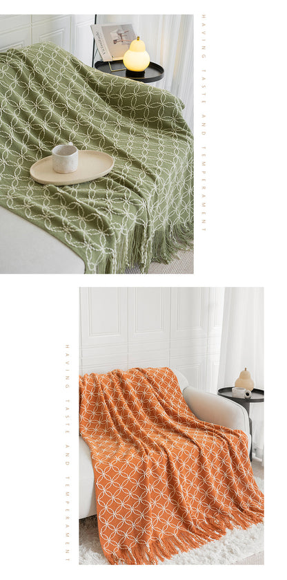 Pink Cozy Geometric Knitted Throw Blanket with Tassels - Soft Acrylic Decorative Sofa & Bed Cover, 130x180cm