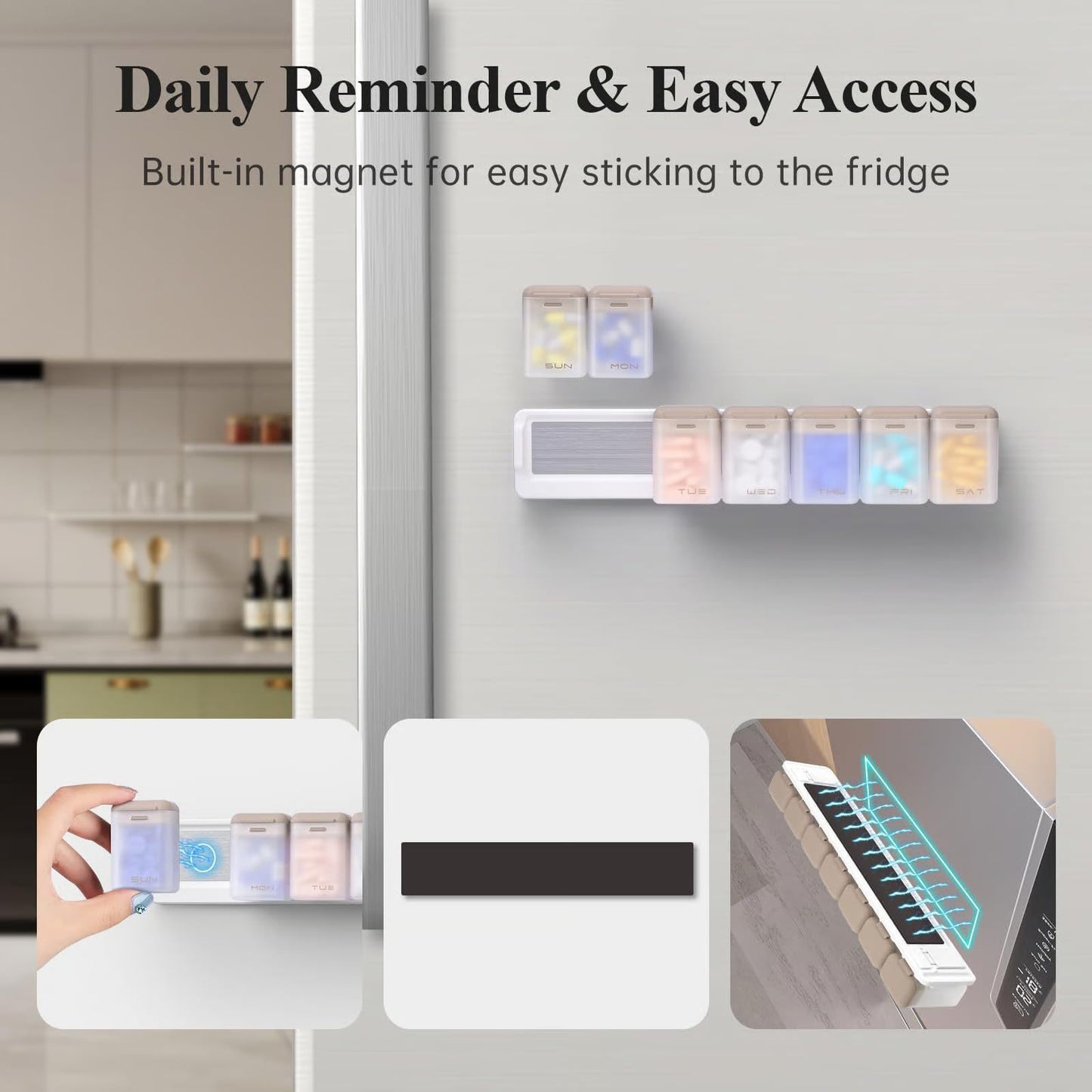 Transparent + Multicolor Cover Weekly Pill Organizer 1-Time-a-Day - Large Capacity Magnetic Closure Pill Box (246 x 49 x 23 mm)