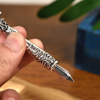 Vulcan Silver European Dip Feather Quill Pen Set - 2-Piece Retro Business Gift Box with 5 Nib Sizes