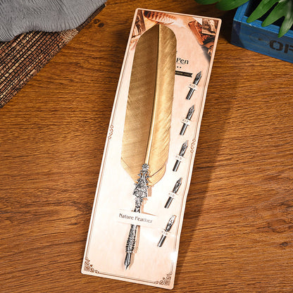 Vulcan Gold European Dip Feather Quill Pen Set - 2-Piece Retro Business Gift Box with 5 Nib Sizes