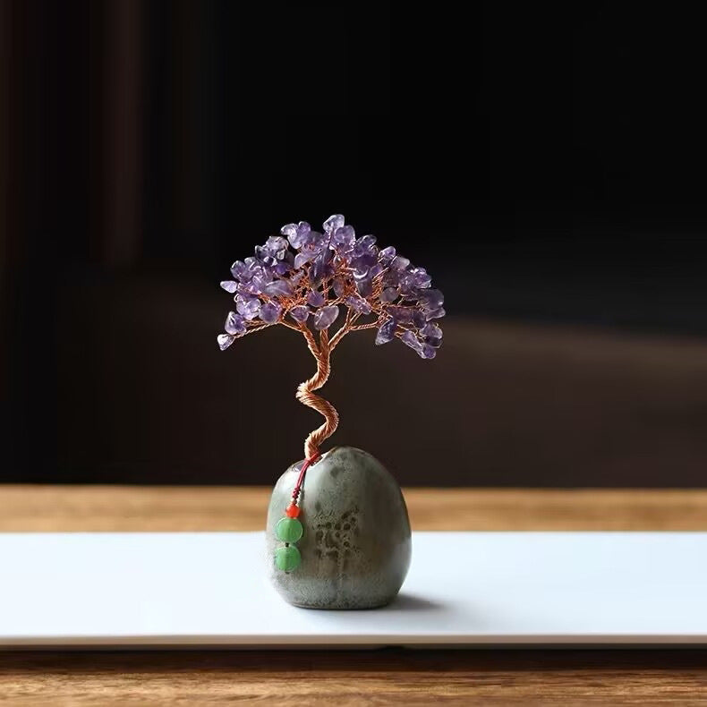 Purple Crystal Natural Crystal Wealth Tree - 12cm Feng Shui Decor, Elegant Office Desk Ornament