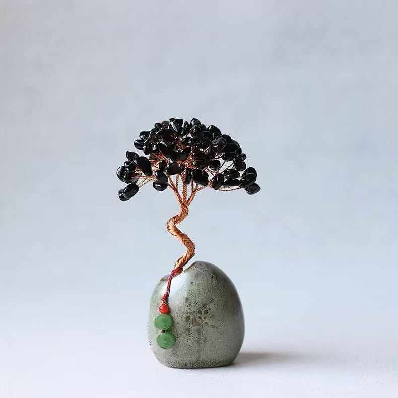 Black Obsidian Natural Crystal Wealth Tree - 12cm Feng Shui Decor, Elegant Office Desk Ornament