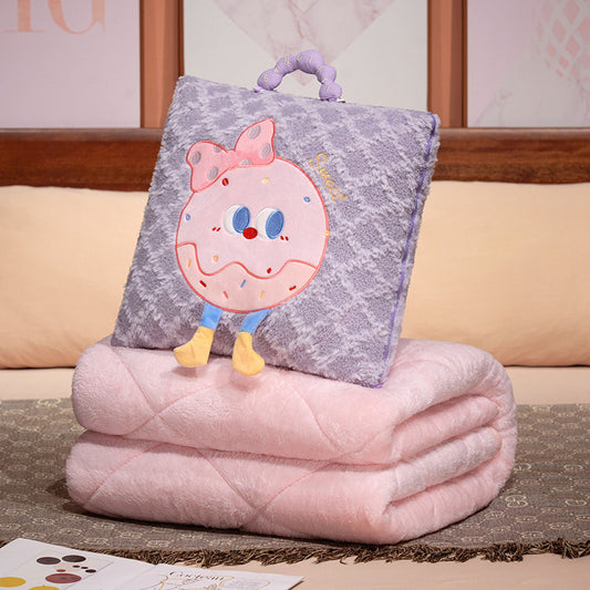 Purple Thick Fleece Cartoon Cookie Pillow Blanket 2-in-1 for Winter Car and Office Use