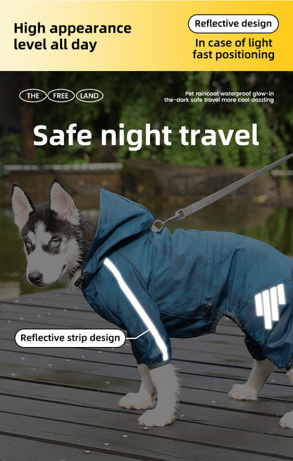 L Blue And Gray Trim Waterproof Four-Legged Dog Raincoat with Leash Hole for Small Breeds