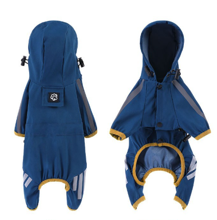 XXL Blue And Gray Trim Waterproof Four-Legged Dog Raincoat with Leash Hole for Small Breeds