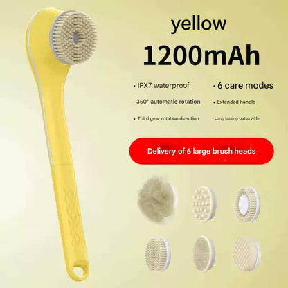 Rechargeable Electric Body Brush & Back Scrubber - 6 Heads, IPX7 Waterproof(Yellow)