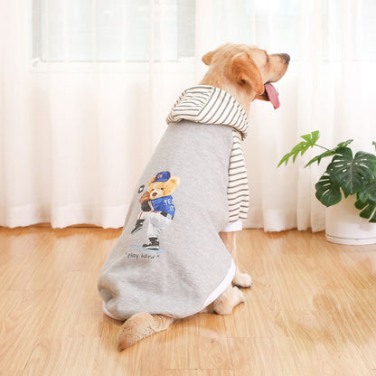 Autumn/Winter Dog Clothes - Grey Hoodie with Striped Hood & Baseball Bear (Size - XL)
