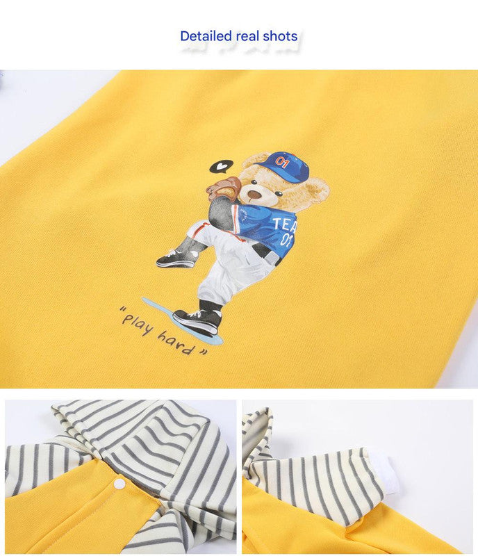 Autumn/Winter Dog Clothes - Grey Hoodie with Striped Hood & Baseball Bear (Size - 3XL)