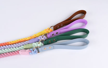 Premium Leather Pet Collar and Leash - Soft, Strong Braided Rope (Pink Purple - Size M)