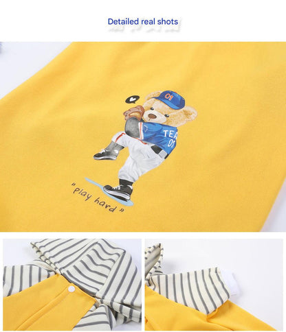 Autumn/Winter Dog Clothes - Yellow Hoodie with Striped Hood & Baseball Bear (Size - 5XL)