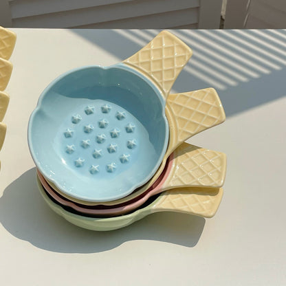 Blue and Yellow Adorable Ice Cream Cone Ceramic Slow Feeder Pet Bowl - Fun Anti-Gulp Design for Cats & Dogs