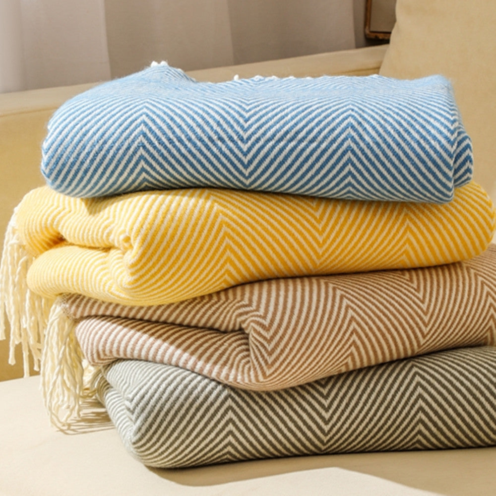 Blue Elegant Herringbone Tassel Throw Blanket - Large Acrylic Faux Cashmere Soft Cozy Blanket for Sofa, Bed & Decor (130x240cm)