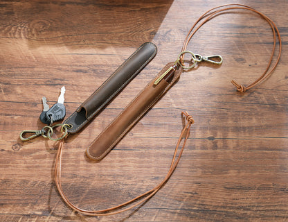 Coffee Vintage Top-Grain Leather Pen Sleeve Holder with Neck Strap - Protective Single Pen Case