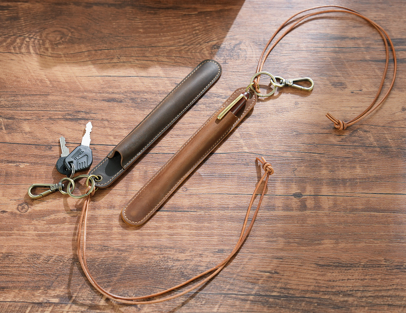 Brown Vintage Top-Grain Leather Pen Sleeve Holder with Neck Strap - Protective Single Pen Case