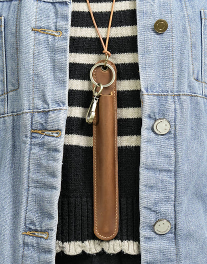 Brown Vintage Top-Grain Leather Pen Sleeve Holder with Neck Strap - Protective Single Pen Case