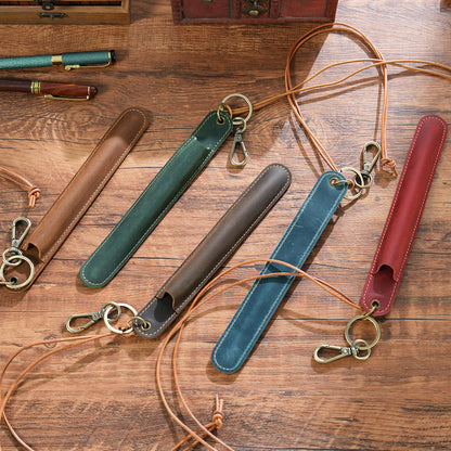 Red Vintage Top-Grain Leather Pen Sleeve Holder with Neck Strap - Protective Single Pen Case