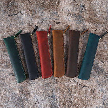 Coffee Vintage Crazy Horse Leather Zippered Pen Case - Retro Pencil Pouch & Small Accessories Bag